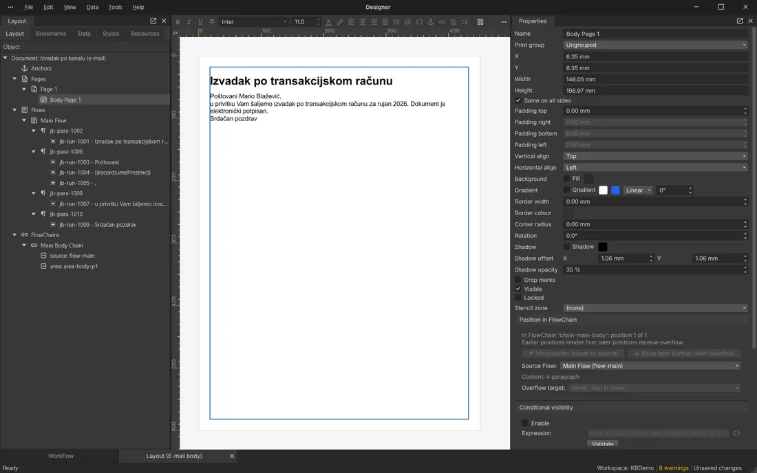 E-Mail-Text, gestaltet wie eine Seite