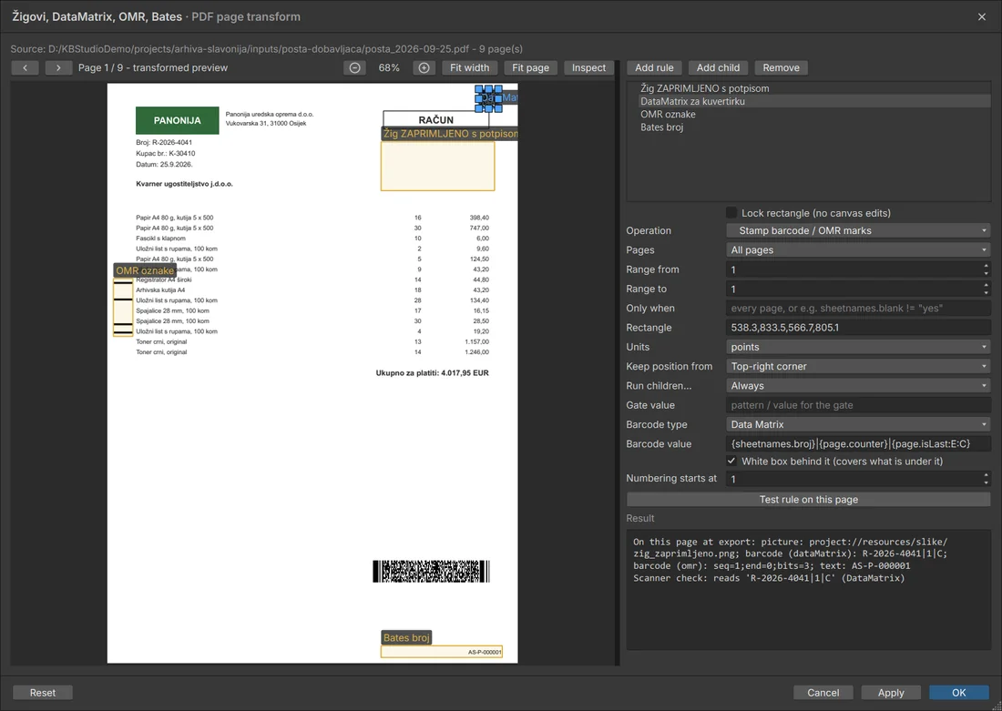 DataMatrix und OMR-Marken für die Kuvertiermaschine; der Test liest sie mit einem Barcodeleser zurück (Scanner check).