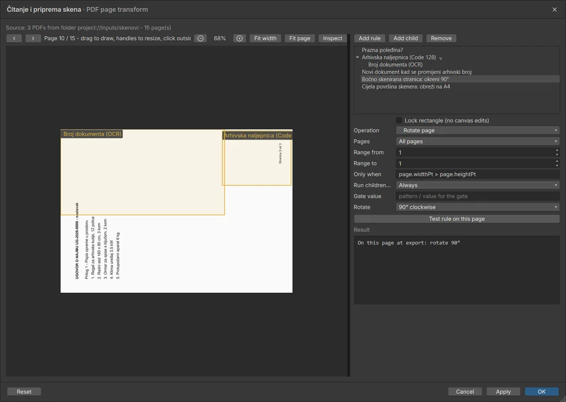 Rotate page mit Only when page.widthPt > page.heightPt auf einem quer gescannten Blatt.