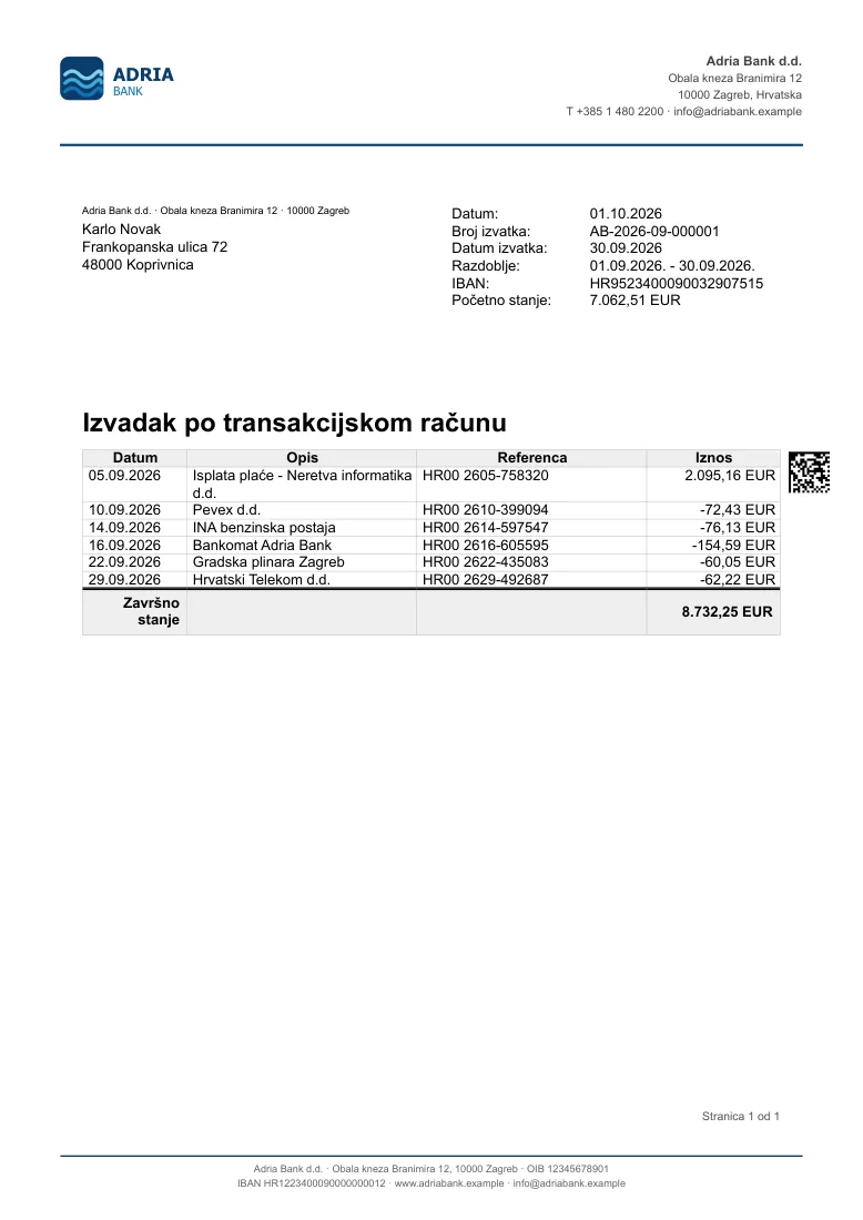 Kontoauszug mit Umsätzen, Endsaldo und DataMatrix