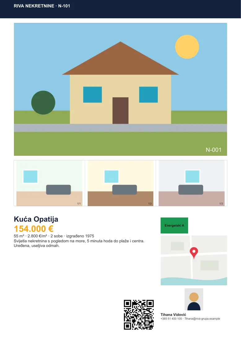 Scheda immobiliare con foto, mappa e agente