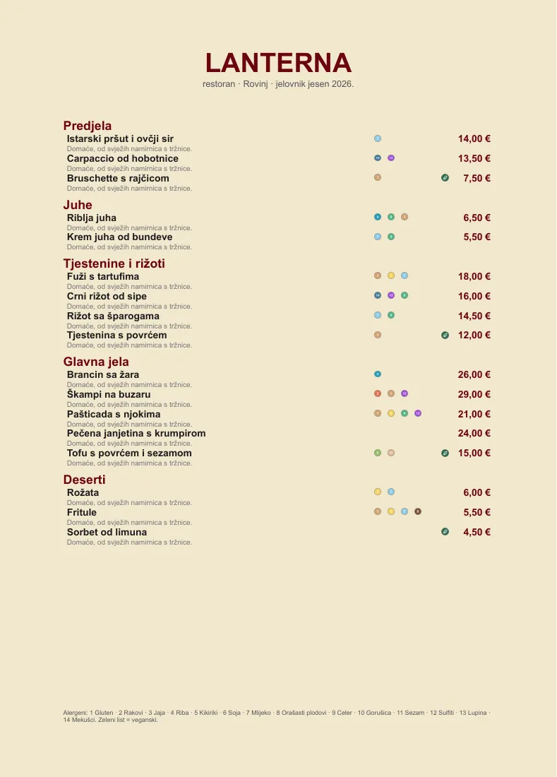 Menu del ristorante con icone degli allergeni dai dati