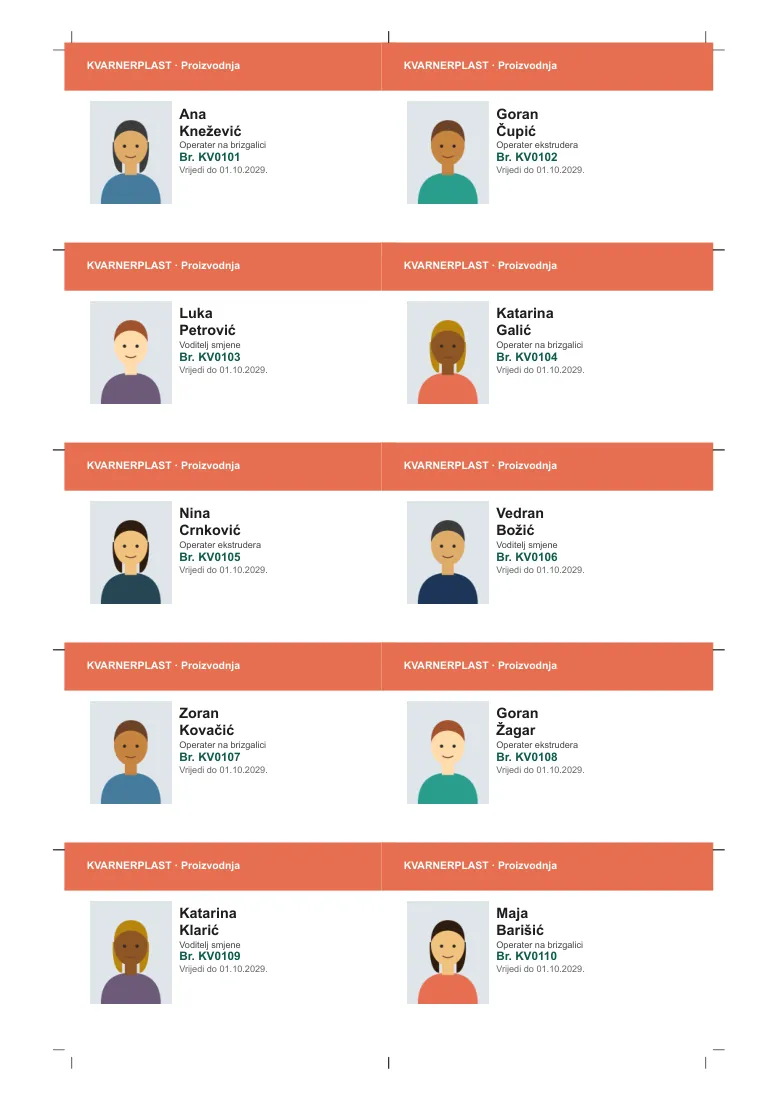 Badge dei dipendenti con foto e colore del reparto