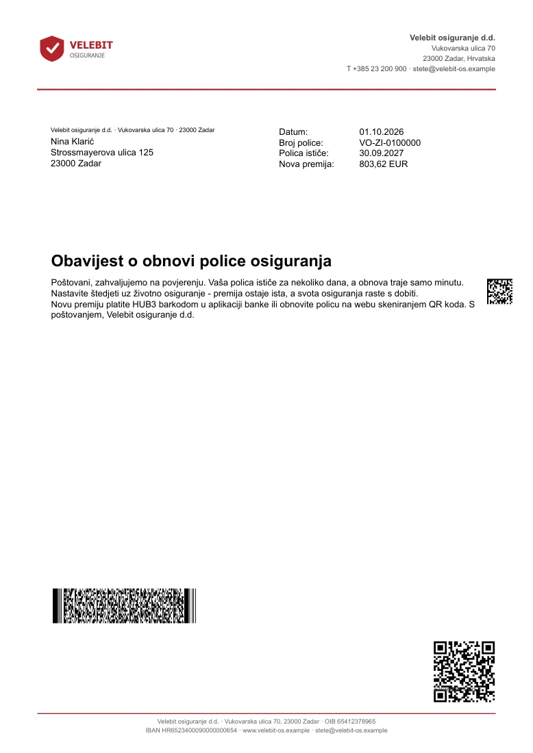 Verlängerungsschreiben mit QR-Code und HUB3-Barcode