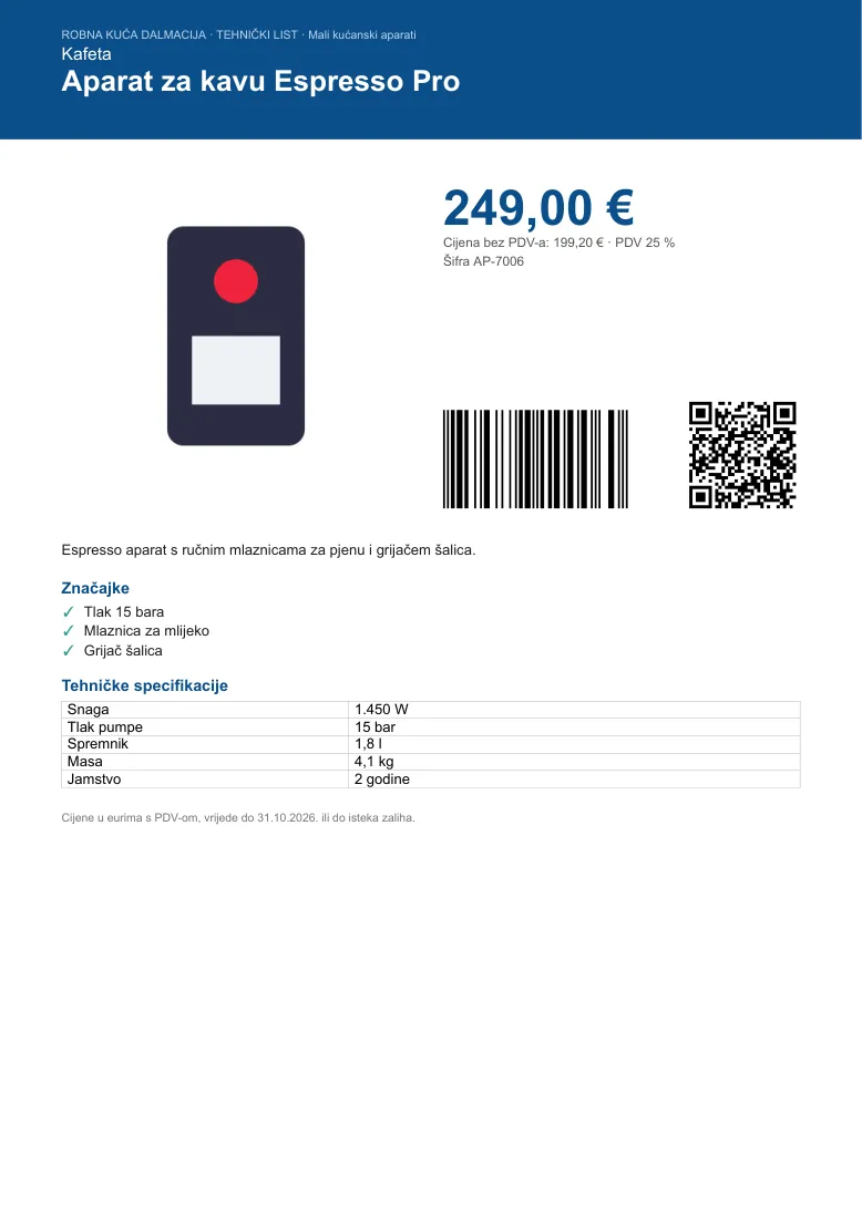 Produktdatenblatt aus einem Excel-Export