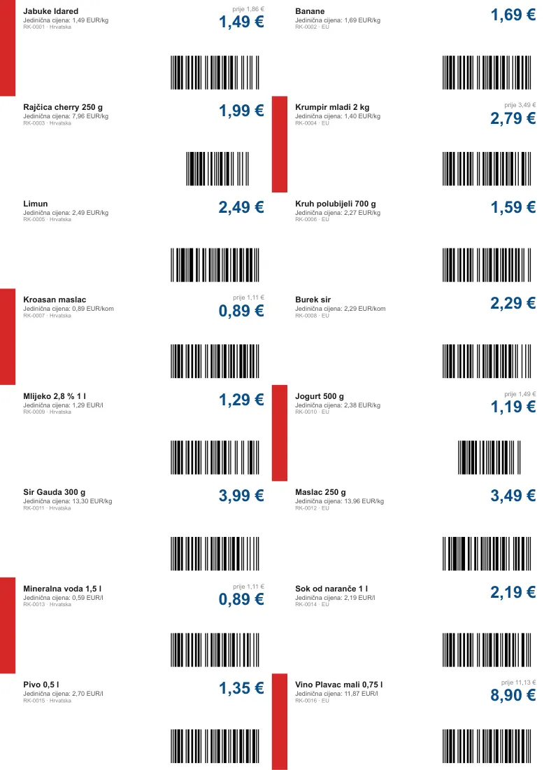 Etichette da scaffale con prezzo unitario, EAN-13, EAN-8, UPC-A