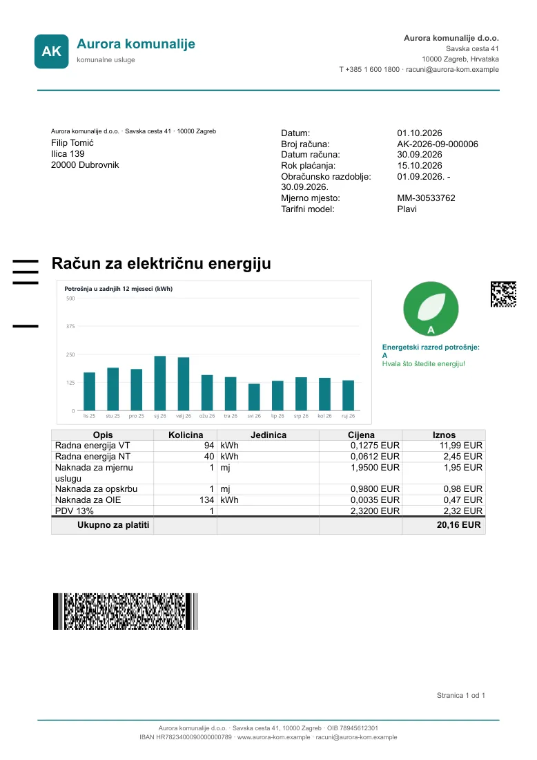 Bolletta della luce: grafico di 12 mesi, classe energetica, HUB3